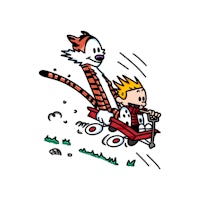 a cartoon of a cat and a boy riding in a cart